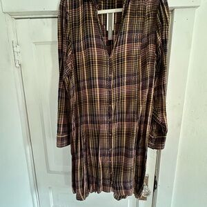 Anthropologie Brown Plaid Buttoned V-Neck Knee-Length Dress